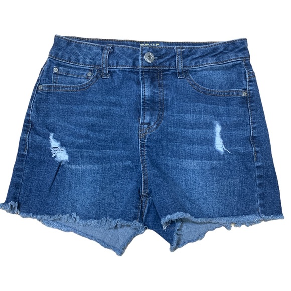 True Craft Cut off Shorts Raw Hem Mid-Rise Medium Blue Wash Distressed Denim - Picture 1 of 8